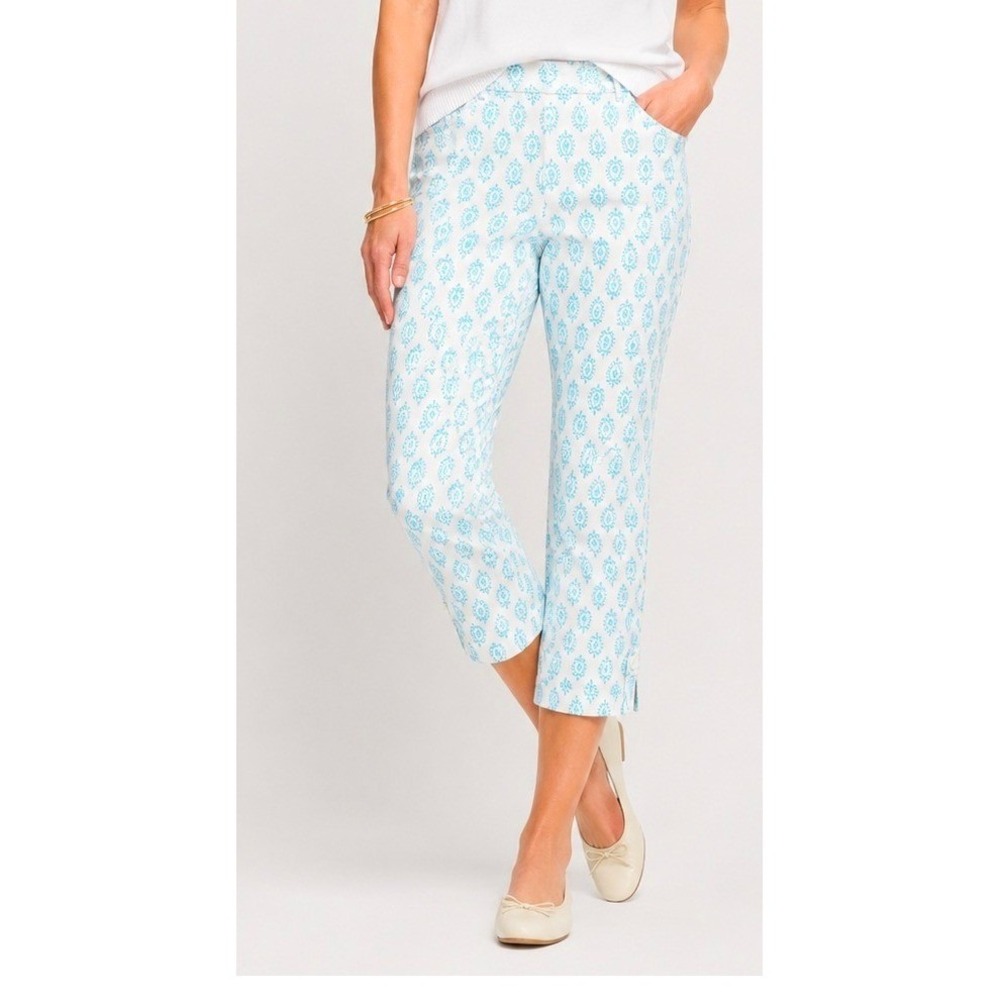 Talbots Womens Perfect Skimmer Pants Size 14 Blue White Block Print Crop Capri